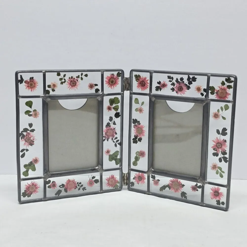 Pressed Flowers Metal Stained Glass Foldable Double Picture Frame By Malden